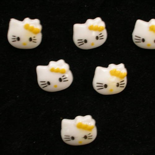 Lot 6 boutons acryliques : tête de chat blanc/jaune 13*12mm