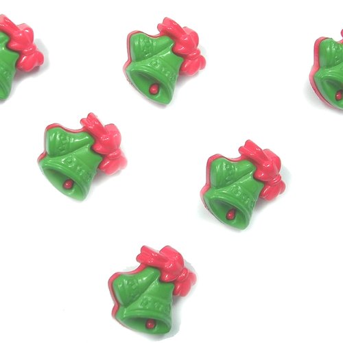 Lot 6 boutons acryliques : cloche verte/rouge 17*16mm (01)