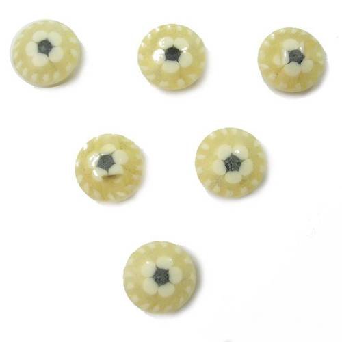 Lot 6 boutons : rond ecrue motif fleur blanc/noire 11mm 
