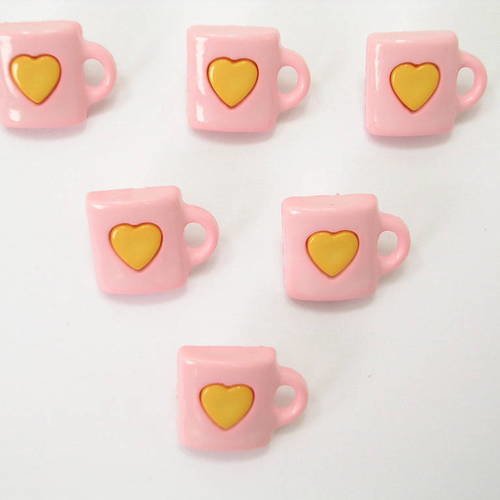 Lot 6 boutons : tasse rose + coeur jaune 13mm 