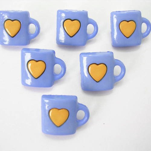 Lot 6 boutons : tasse bleu + coeur jaune 13mm 