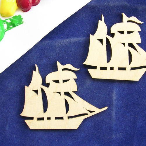 2 appliques en bois baltique contreplaque colle : voilier 6*4cm 