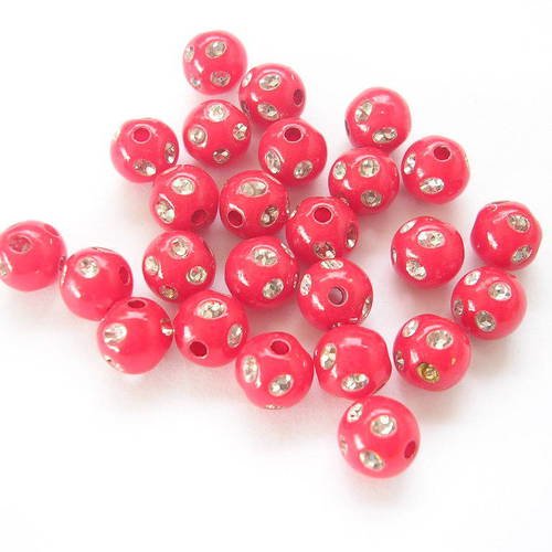 Lot 25 perles acryliques : rondes rouges points argent 7mm
