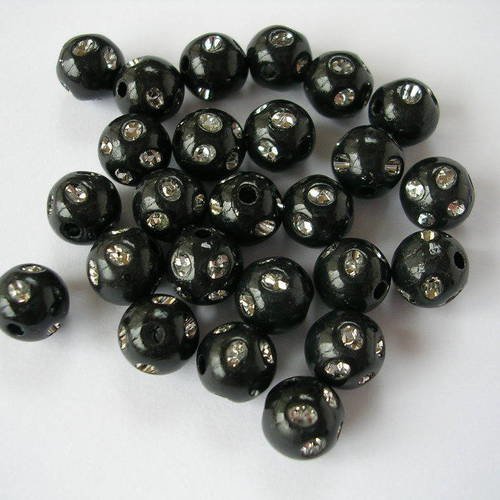 Lot 25 perles acryliques : rondes noires points argent 7mm