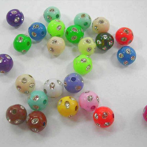 Lot 25 perles acryliques : ronde multicolores points argent 7mm