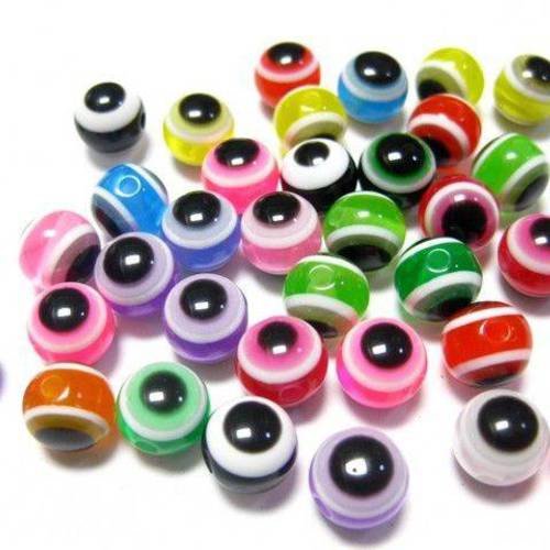 Lot 50 perles acryliques :  rondes yeux multicolores 8mm