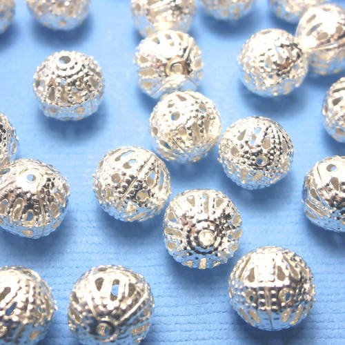 Lot 20 perles : rondes plaquées argentées fantaisies 8mm (03)