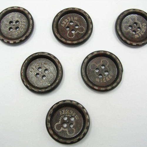 Lot 6 boutons bois : rond motif fantaisie 25mm (n°5) 