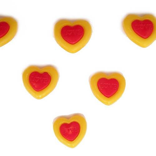 Lot 6 boutons : coeur jaune/rouge 15mm