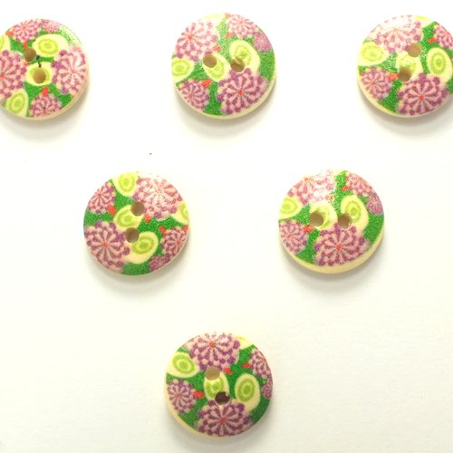 Lot 6 boutons bois : rond motif fleur 15mm (19)