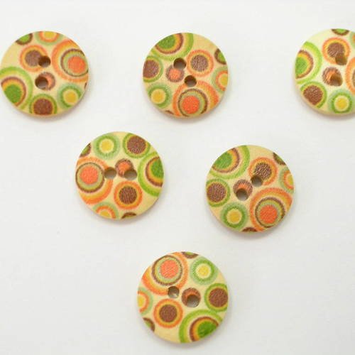 Lot 6 boutons bois : rond motif cercles 15mm (n°01)