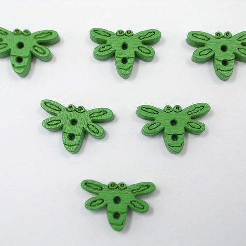Lot 6 boutons bois : libellule vert 15mm