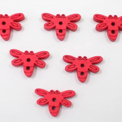 Lot 6 boutons bois : libellule rouge 15mm