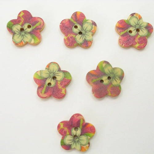 Lot 6 boutons bois : fleur motif fleur 17mm (n°03)