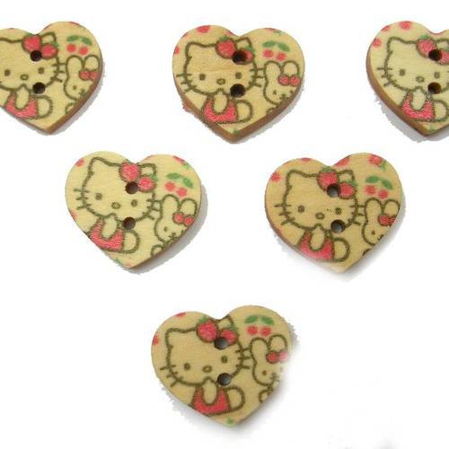 Lot 6 boutons bois : coeur motif kitty 17mm (n°02)