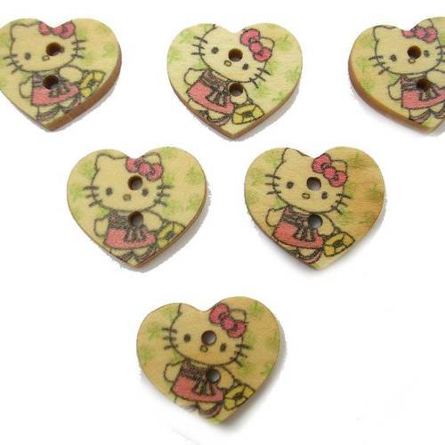 Lot 6 boutons bois : coeur motif kitty 17mm (n°01)