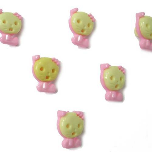 Lot 6 boutons : chat rose/jaune 14mm 