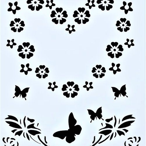 Pochoir plastique 20*15cm : coeur de fleurs et papillons