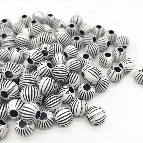 Lot 25 perles acryliques : rondes fantaisies blanches/noires 9mm (01)