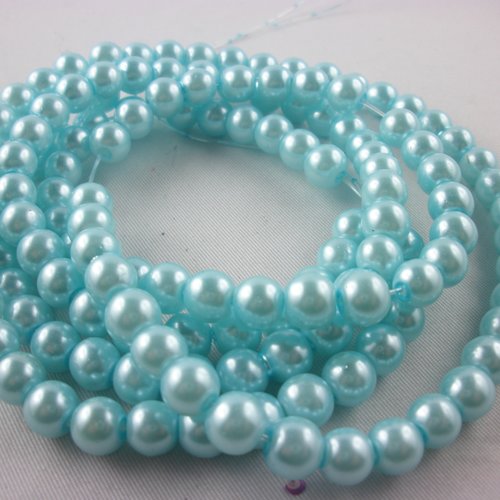 Lot 90 perles verre : rondes nacrées bleu clair 8mm