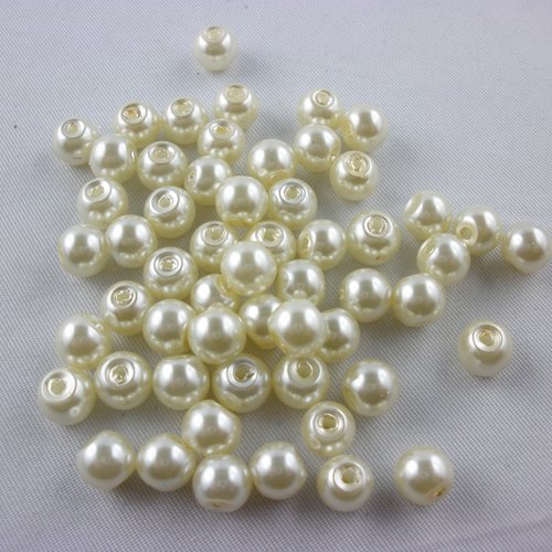 Lot 130 perles verre : rondes nacrées ivoire 6mm