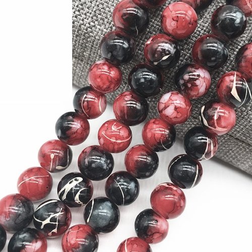 Lot 50 perles verres : rondes marbrées noir/rouge/blanc 4mm