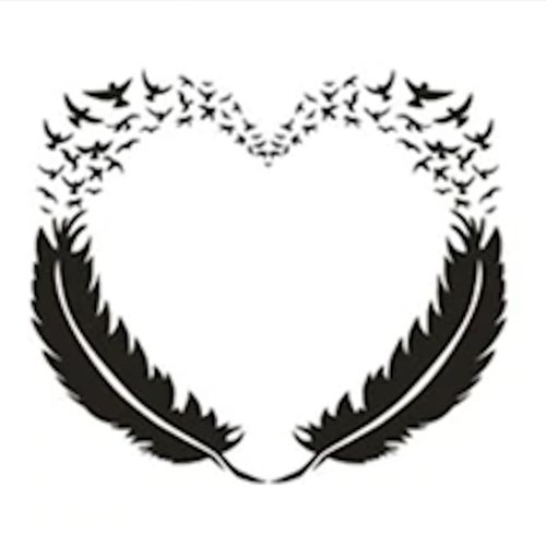 Pochoir plastique 13*13cm : coeur avec motif plumes et oiseaux