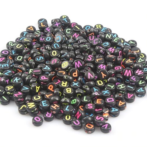100 perles rondes noires 6mm avec lettres multicolores