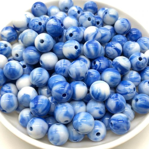 Lot 50 perles acryliques : rondes marbrées bleu/blanche 6mm