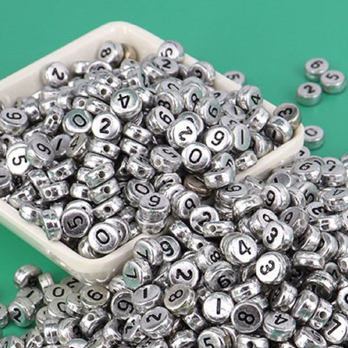 Perles acryliques : 100 rondes grises avec chiffres noirs 7mm