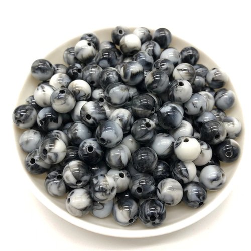 Lot 25 perles acryliques : rondes marbrées noires/blanches 8mm (01)