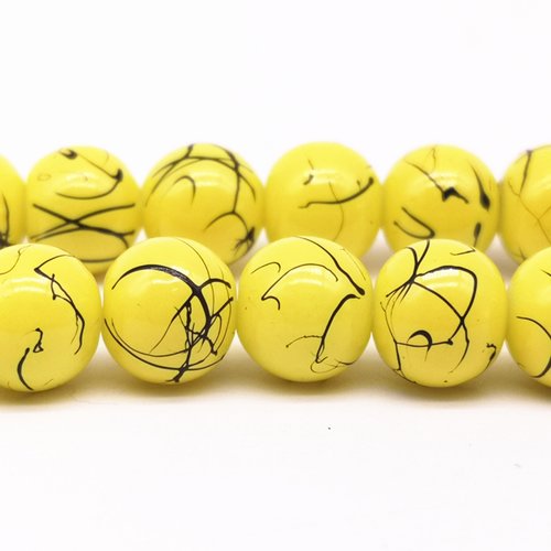 Lot 50 perles verres : rondes jaunes rayures noires 6mm