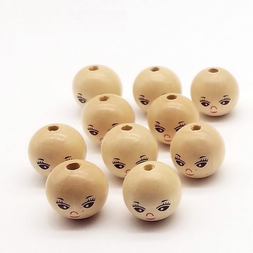 Lot 15 perles bois : rondes écrues motif visage 18mm