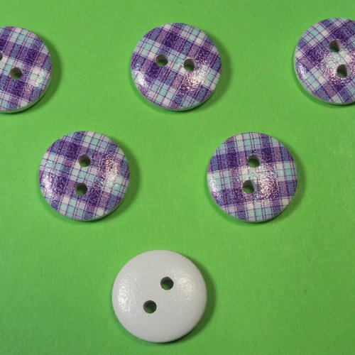 Lot 6 boutons bois : rond motif écossais 15mm (13)