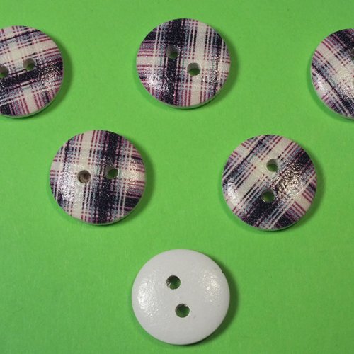 Lot 6 boutons bois : rond motif écossais 15mm (12)