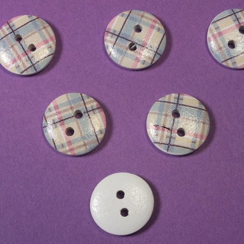 Lot 6 boutons bois : rond motif écossais 15mm (15)