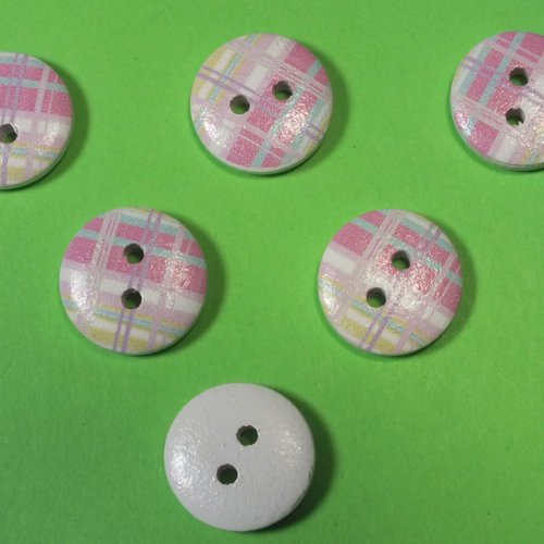 Lot 6 boutons bois : rond motif écossais 15mm (16)