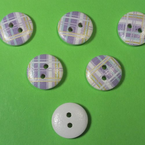 Lot 6 boutons bois : rond motif écossais 15mm (17)