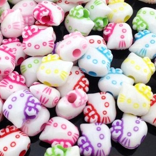 Lot 30 perles acryliques : chat multicolore 11mm