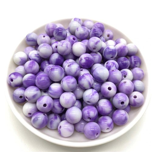 Lot 25 perles acryliques : rondes marbrées mauves/blanches 8mm (01)
