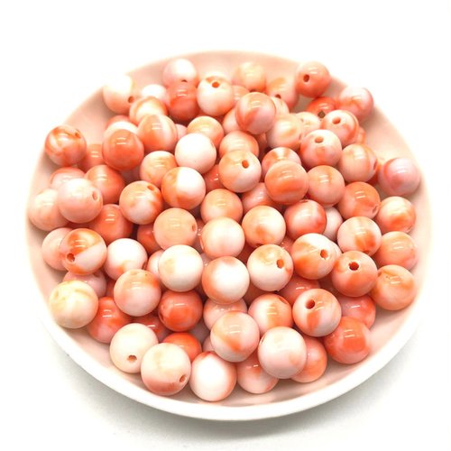 Lot 25 perles acryliques : rondes marbrées oranges/blanches 8mm (01)