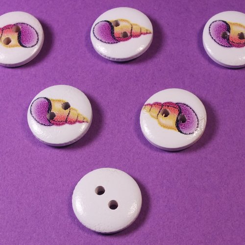 Lot 6 boutons bois : rond thème animaux marins coquillage15mm (12)