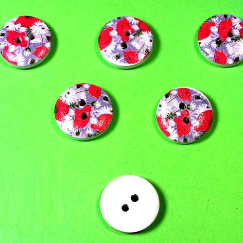 Lot 6 boutons bois : rond motif fleur 15mm (85)