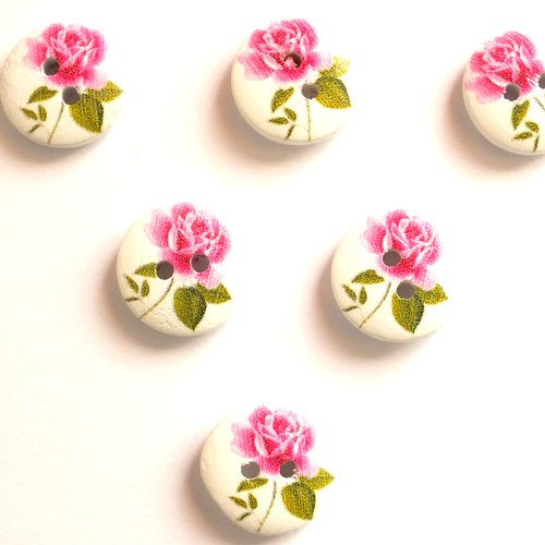 Lot 6 boutons bois : rond motif fleur 15mm (91)