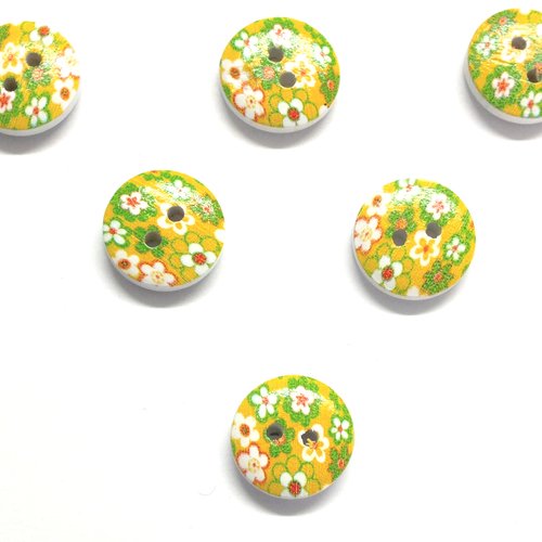 Lot 6 boutons bois : rond motif fleur 15mm (94)