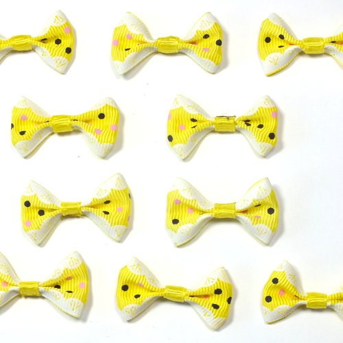 Lot 10 appliques tissu polyester : noeud papillon  jaune avec motif pois 3.5*2cm (053)