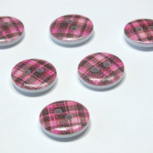 Lot 6 boutons bois : rond motif écossais 15mm (20)