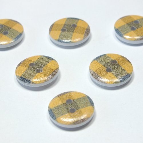 Lot 6 boutons bois : rond motif écossais 15mm (21)