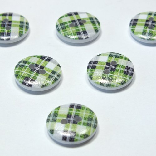 Lot 6 boutons bois : rond motif écossais 15mm (22)