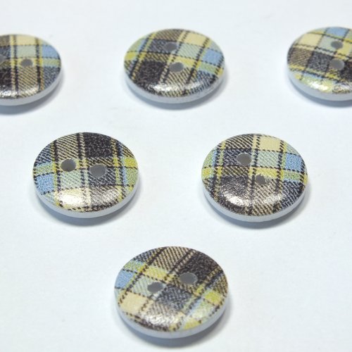 Lot 6 boutons bois : rond motif écossais 15mm (23)
